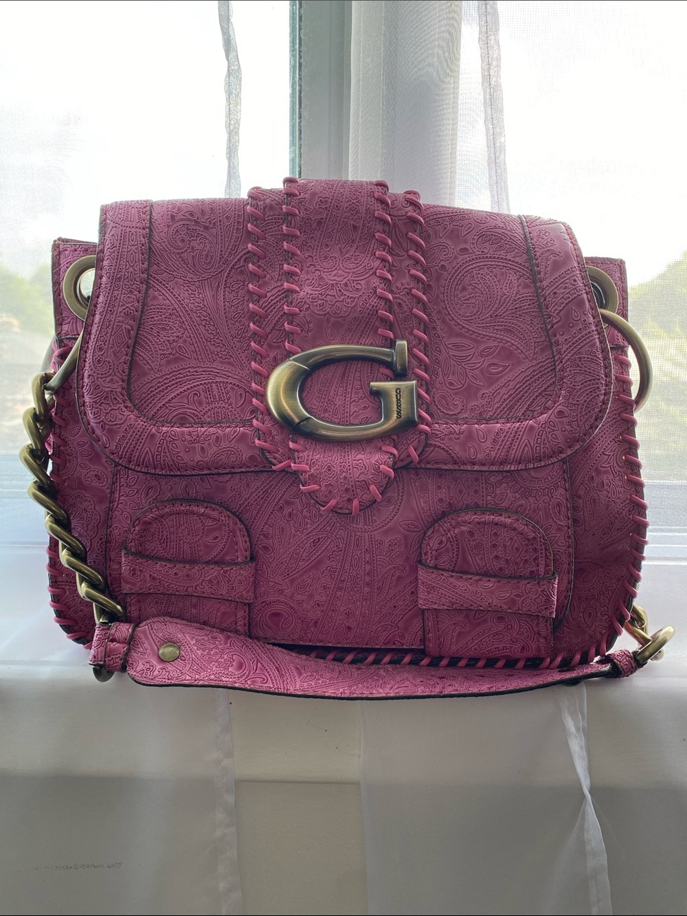 Y2k Vintage Guess Paisley-embossed Pink Leather Crossbody Bag Purse